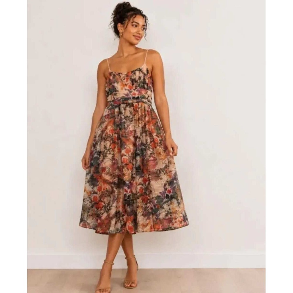 Maeve Anthropologie Floral Ruched Midi Dress Multicolor Spaghetti Strap Size 0